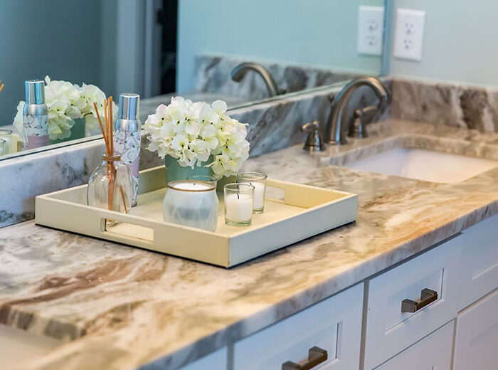 Clean and modern new construction home house bathroom with grani Clean and modern new construction home house bathroom with grani